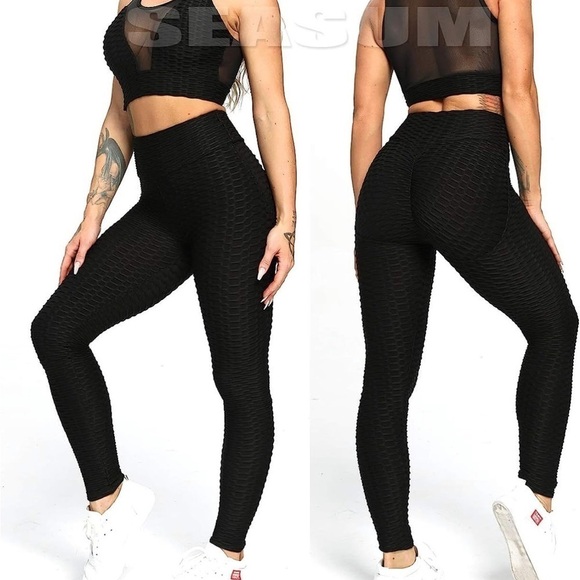 Women's leggings medium black bubble high waist spandex butt contour workout - Picture 2 of 4